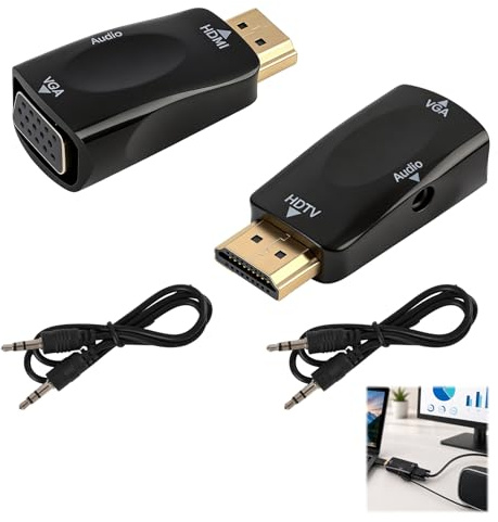 2 Pièces Adaptateur HDMI vers VGA avec Câble Audio 3,5mm, Convertisseur HDMI Mâle vers VGA Femelle Jusqu’à 1080p, Compatible PC, Laptop, Box TV, Projecteur, Sortie VGA sans Audio Natif (Noir)