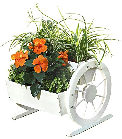 Madera Macetero + carro ruedas Jardín Decoración Flores trog Caja de madera, color blanco