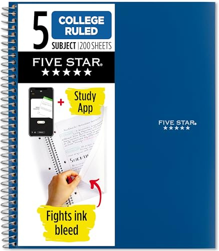Five Star Spiral Notebook + Study App, 5 Subject, College Ruled Paper, 8-1/2 x 11, 200 Sheets, Fights Ink Bleed, Water Resistant Cover, Pacific Blue (73635)