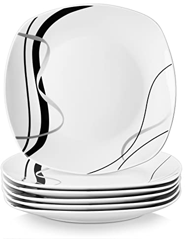 VEWEET Servizio di Piatti Piani 24,7 x 2,2 cm in Porcellana Set di 6 Piatti Moderni da Pasta, Bistecca Piatti Quadrati con Linee Nere e Argento Serie FIONA, Microonde e Lavastoviglie Possibile