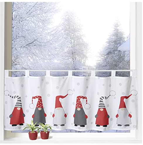 heimtexland ® Scheibengardine Weihnachten 45x120 Dekoration Fenster-Deko Weihnachts-Gardine Wichtel Rot Grau Typ651