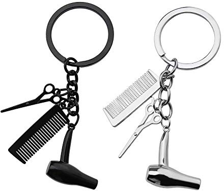 EMSea 2 Stück Friseur Haartrockner Schere Kamm Charme Anhänger Schlüsselanhänger 3 In 1 Design Silber Schwarz
