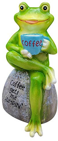 luukiy Grenouille Statue| Statue De Grenouille Verte Assise sur Une Pierre en Buvant du Café - Décoration De Jardin, Terrasse, Intérieur Ou Extérieur - Modèle Sculpture
