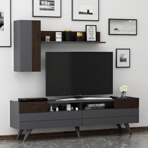 HOMIDEA MOON Wall Unit -TV Lowboard – Living room TV Set – TV Board – TV Unit wooden and in modern design (Anthracite/Walnut)