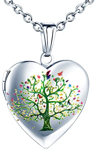 Yumilok Damen Kette Medaillon Kette Foto Lebensbaum Halskette Photo Medaillon Herzanhänger Amulett Anhänger Edelstahl Schmuck für Mädchen Mutter