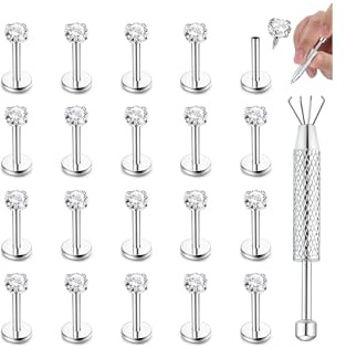 CASSIECA 20Pcs 16G Piercing Labret in Acciaio Inossidabile Ipoallergenico con 3mm CZ Cartilagine Tragus Helix Monroe Piercing Stud Gioielli 6mm 8mm 10mm