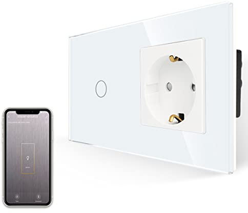 JIMEIDA Smart Lichtschalter mit Steckdose Unterputz, Wlan Touch Lichtschalter Kompatibel mit Alexa und Google Home, APP-Steuerung, Normale Schuko Steckdose in Weiß Glas, LED-Status, 1- Fach