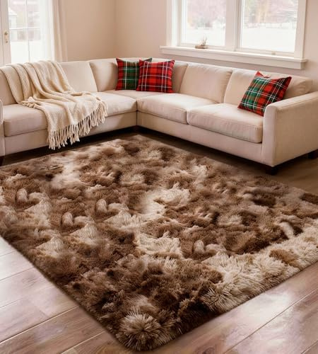 ROHATIM Teppich Wohnzimmer 200 x 300 cm braun Waschbar Rutschfester Hochflorteppich Kinderzimmer Schlafzimmer Flauschiger Teppiche