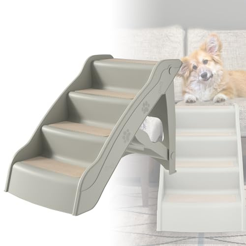 ACXIN Hundetreppe Klappbare Haustiertreppe 4 Stufen Katzentreppe mit Rutschfesten Stufen Hunderampe Hundetreppe bis zu 75kg Tiertreppe für Bett oder Sofa (Grau, 61x38x49cm, 1)