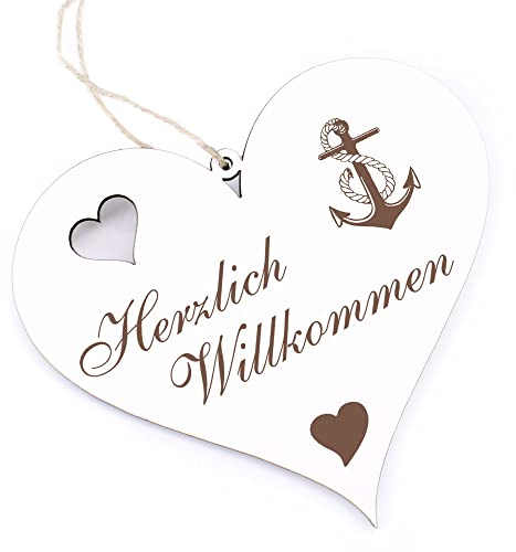 Herzlich Willkommen Schild - Anker - Deko Herz Holz Willkommensschild Türschild Dekoschild Türdeko