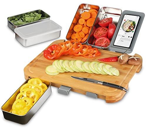 WELTRXE Bambus-Schneidebrett mit Behältern, XXL großes 7er-Set(ein 42 x 31 x 3,7 cm Brett + 5 Behälter aus Stahl + 1 Handyhalterung), Küche Schneidebrett mit Rille
