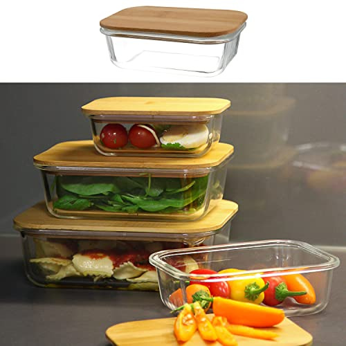 Cepewa Récipient de conservation de 1000 ml avec couvercle en bambou Empilable 20 x 6,5 x 14,5 cm Verre borosilicaté Bambou Boîte de conservation Boîte alimentaire (1 x récipient de 1000
