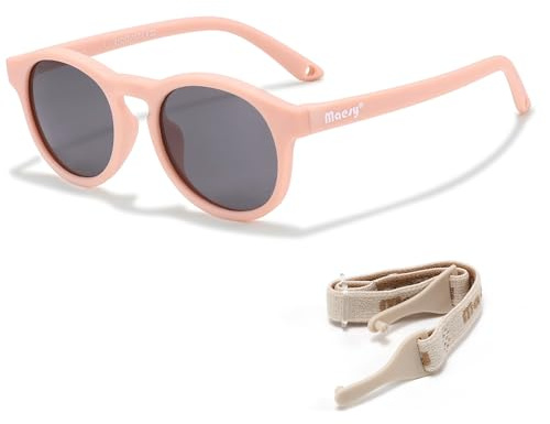 Maesy Occhiali da Sole Bambino 1-3 Anni - Lenti Polarizzate UV400 Categoria Filtro 3 - Montatura Flessibile con Fascia Regolabile – Design Rotondo, Sicuri e Confortevoli - Bowi, Rosa Chiaro