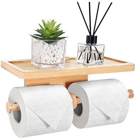 EBEAKA Toilettenpapierhalter Bambus, Doppelrollenhalter Klopapierhalter Ohne Bohren mit Ablage, Schnelle Installation Klorollenhalter zum Kleben Oder Bohren, Wc Papier Halterung für Badezimmer (Natur)