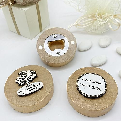 Doni Bomboniere 10PZ Apribottiglia con calamita in Bamboo con Applicazione in Legno con Incisione Personalizzata. Nascite, Battesimi, comunioni, cresime, Lauree, Matrimoni, anniversari. (Albero)