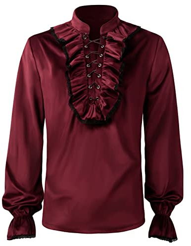 Chemise Victorienne Homme Col Jabot- Tee Shirt Homme de Renaissance à Volants,Top Manches Bouffantes Vintage Gothique Blouse pour Steampunk élégant Cosplay Medievale Cour Halloween Haut