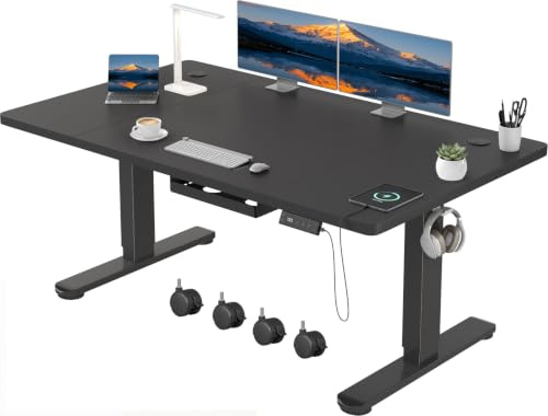 Devoko Scrivania Regolabile in Altezza 140x80 cm Nero Ufficio con Ruote | Gestione cavi e Type-C, 4 livelli memoria, anticollisione, Regolazione fluida, silenziosa, ergonomica per ufficio e casa.