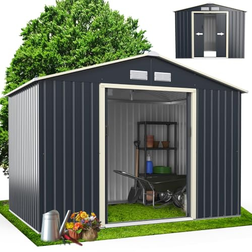 RELAX4LIFE Abri de Jardin Métal 5m2 avec Porte Coulissante Toit en Pente, Cabane de Jardin Extérieur 277x192x202cm Bricolage Rangement Cananon de Jardin résistant aux intempéries