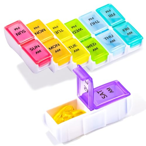2 Times a Day Pill Box - 7-Day AM/PM Weekly, Multi-Language Labels, Transparent Rainbow Lids, Portable for Travel