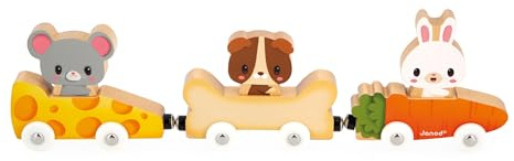 Janod - Haustier-Magnete - Baby- und Kleinkindspielzeug - 3 Fahrzeuge + 3 Tiere aus Holz - Fördert die Handgeschicklichkeit - Spiel aus FSC-Holz - Ab 18 Monaten, J03315