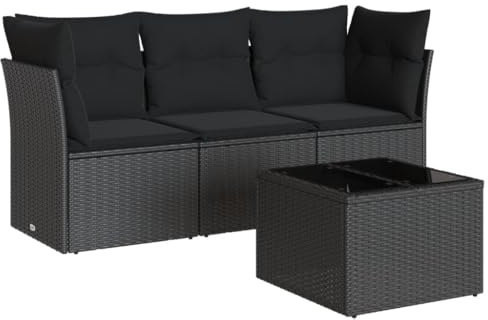 vidaXL Garten Sofa Garnitur 4-TLG., Gartenmöbel Set mit Kissen Stauraum, Sitzgruppe für Garten Terrasse, Modular Gartensofa Lounge, Tisch mit Glasplatte, Schwarz Poly Rattan