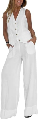 HUANGJB Conjunto de 2 piezas para mujer, cuello en V, sin mangas, chaleco con botones, pantalones de pierna ancha, traje blazer de verano de lino a juego, blanco, M