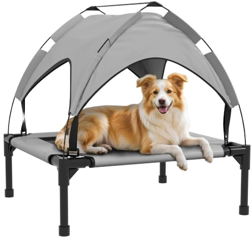 PawHut Lit Chien surélevé, lit de Camp pour Chien, Velum en Taffetas, Tissu textilène Micro-perforé + Sac de Transport Inclus, Facile à Assembler, 76 x 61 x 69,5 cm, Gris