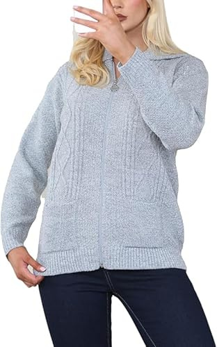 Womens Zipped Cable Knit Long Sleeve Collar Cardigan, Ladies Classic Chunky Winter Knitwear Zip Through Fasten with Pockets Pullover Jumper Top Zipper UK Plus Size 8-22
