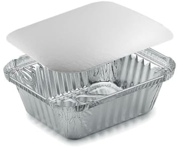 Generico 50/100 Vaschette in Alluminio bordo L VARIE DIMENSIONI Rettangolari + COPERCHI Argentate contenitori per Alimenti USA e Getta, teglie in Alluminio per Takeaway (100pz 1 porzione 14,4x12cm)