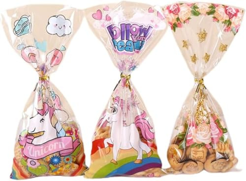 Cellophantüten Zellophan Tüten 50 Pcs Einhorn Kekstüten Süßigkeiten Gebäckbeutel Hochzeit Geschenkbeutel Transparent Taschen mit 60 Stück Twist Ties für Kindergeburtstag Gastgeschenke