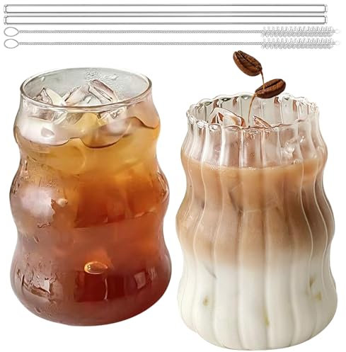 BAIFULAI Juego de vasos acanalados, 2 vasos de agua ondulados de 530 ml con 2 pajitas y cepillo de paja, vasos de café helado, vasos de bebidas, vasos de agua ondulados, vasos para latte macchiato