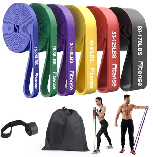 Fitense Resistance Bands Set for Men Women - 6 Resistance Levels 15-170 LBS Pull Up Bands, Exercise Bands Resistance with Door Anchor, Training Poster & Pouch for Body Stretching, Pull Up Assist