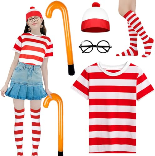 Glirop 5PCS Women's Wally Costume Set, 90s Fancy Dress Accessories Set with Red & White T-Shirt Bobble Hat Socks Frameless Glasses Inflatable Crutches Cosplay Outfit for World Book Day Halloween
