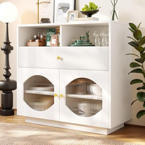PUGSDRLY Buffet Salon,Meuble de Rangement,Buffet Salle a Manger,Meuble Cuisine,Armoire de Rangement,1 Tiroirs et 2 Portes,Moderne Armoire pour de Multiples Scénarios,MDF,100x40x90.5cm (Style 2-Blanc)