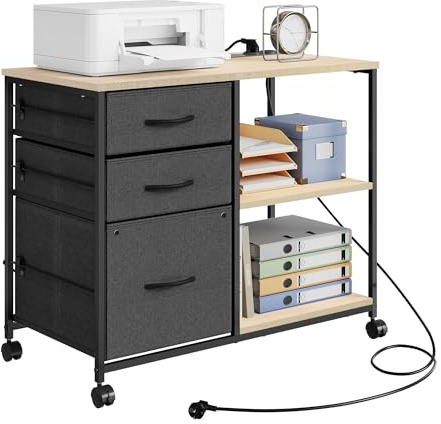WOLTU Aktenschrank mit Ladestation, Rollcontainer mit Schubladen | Druckertisch mit Rollen, offenen Ablagen, aus Metall Holzwerkstoff,Helle Eiche