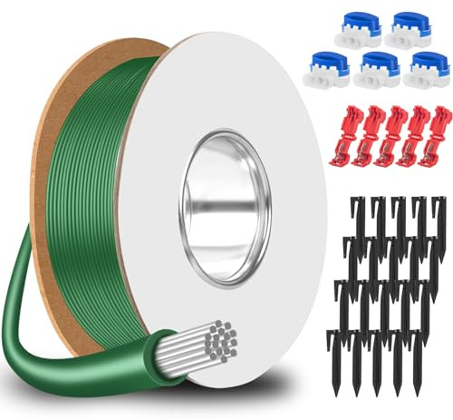 GROFIS 100m Begrenzungskabel Mähroboter + 50 Erdnägel + 10 Kabelverbinder Wasserdicht + 10 Abzweigverbinder, Universal Begrenzungsdraht Rasenroboter Zubehör Set, Kompatibel mit Gardena Bosch Worx