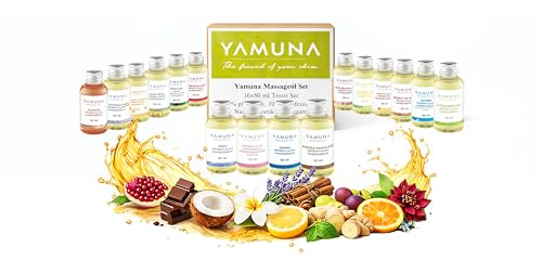 YAMUNA NATURAL BEAUTY Massageöl-Set 800 ml (16×50 ml) – Professionelles Probierset mit 100 % pflanzlichen Ölen | Hochwertige Naturkosmetik aus Ungarn | Ideal für Therapeuten
