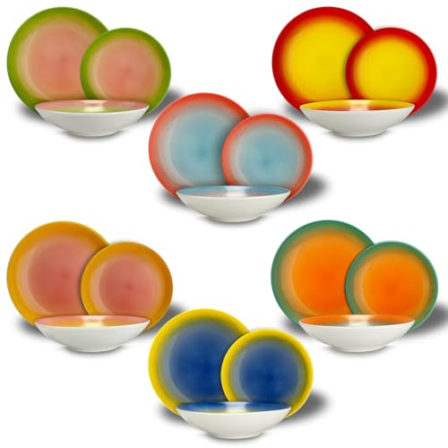 ARCA, Set 18 Piatti Coordinati in Porcellana Decorata, Servizio per 6 Persone, con Piatti Fondi, Piani e da Dessert, Lavabili in Lavastoviglie, Collezione Tavola a Colori, Colori Assortiti