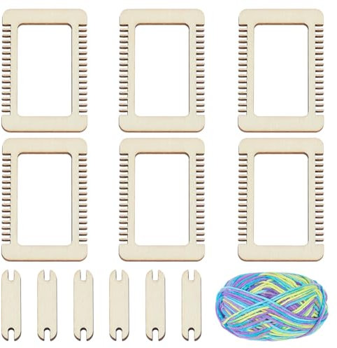 WEBEEDY 13 Stück Mini Holzwebrahmen Set Kleines Holzwebwerkzeug Set Mit 6 Webrahmen 6 Shuttle & 50g Garn Für Erwachsene Anfänger DIY Wandteppiche Strick Und Häkelprojekte