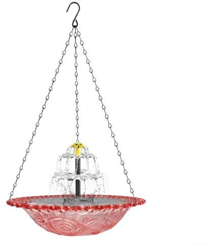 HOHOVYVY Vogeltränke Balkon,Vogeltränke Hängend,Solar Vogelbad Mit Springbrunnen Hängend Gartendekoration Wasserspiel Für Vögel Outdoor Metall 23.5X45cm(Pink)