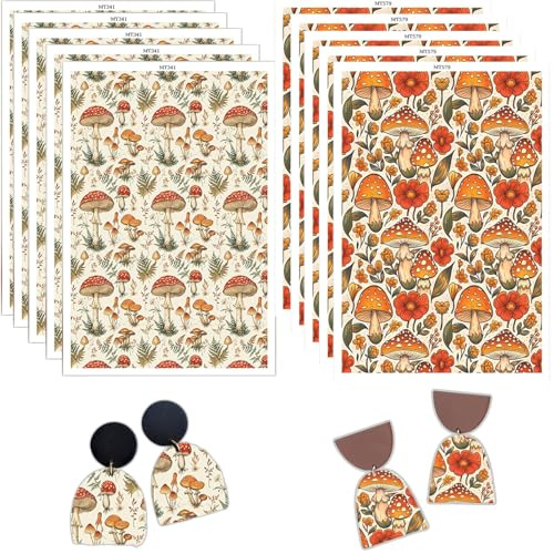 10 Pcs Mushroom Clay Transfer Paper for Earrings Jewelry, 2 Type Colorful Mushroom Pattern Polymer Clay Transfer Paper, Water Soluble Decal Sheets for Clay Earrings Jewelry Making 5.82X3.93inch