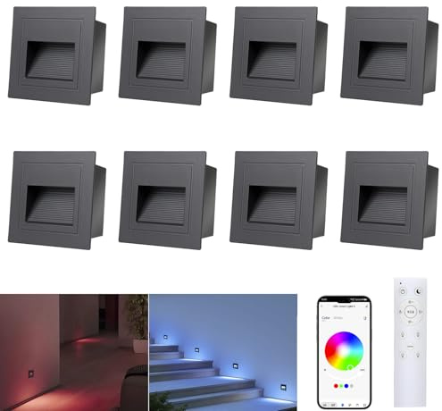 Arotelicht 8er LED Treppenbeleuchtung 230V RGB+WW+CW Bluetooth mit Fernbedienung, APP-Steuerung Treppenlicht 1.5W 68mm (Nicht-Standardgrößen-60mm) led Einbaustrahler IP44 Innen Außen Stufenlicht | mit Fernbedienung, APP-Steuerung Treppenlicht (Nicht-Standardgrößen-60mm) Einbaustrahler Innen Außen Stufenlicht