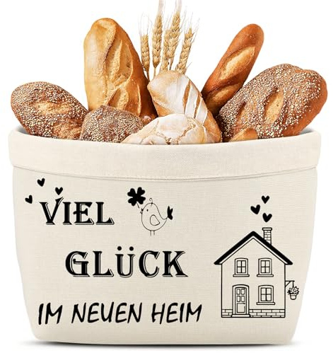 Gigmeta Brotkorb - Viel Glück im Neuen Heim - Geschenk zum Umzug oder Auszug Brötchenkorb Einzugsgeschenk Brottasche Geschenkidee zum Einzug Brotkorb aus Stoff