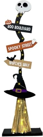 Halloween Porch Sign, 43.3'' Wood Halloween Porch Decor with Light Strip Easy Assembly Witch Broom Shape Road Sign with Skeleton Top for Outdoor Decora.