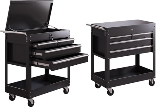 Large Rolling Tool Cabinet, 2 in 1 Lockable Metal Tool Chest with 4 Drawers, Wheels, Side Handle & Openable Top, Top Chest and Roller Cabinet Combo, Cart Trolley for Garage Workshop 86x45x81cm