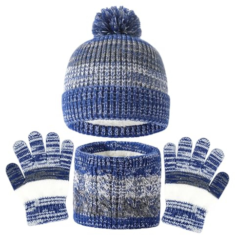 Srvak 3 in1 Kinder Wintermütze Schal Handschuhe Set-– Warme Strickmütze, Winterschal mit Fleecefutter, Handschuhe, für Junge Mädchen 4-10 Jahre (Saphirblau)