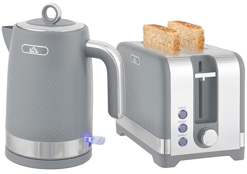 HOMCOM Kettle and Toaster Set, 1.7L 3000W Rapid Boil Jug Kettle with Otter Thermostat, Limescale Filter, 2 Slice Toaster with 7 Browning Controls, Crumb Tray, Grey