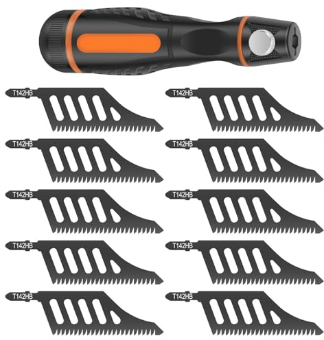 10 Pcs Flush Cut Jigsaw Blades T Shank Carbon Steel Saw Blades with Handle for Wood Cutting