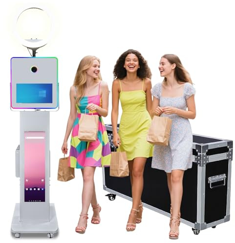 Tragbare 15,6 Zoll Touchscreen DSLR Spiegel Photo Booth Selfie Maschine mit 29 Zoll LCD Display Ringlicht Photo Booth Maschine RGB Objektiv Licht für Party Events (Weiß, Photo Booth Machine)