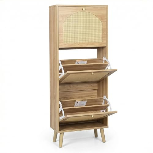 TactFire Schuhschrank Schmal, Schuhregal mit 3 Klappen, Schuhkipper | Schuhablage,Schuhaufbewahrung Holz mit Verstellbar Schuhkommode, Geflochtene Rattan-Schubladenfront, (Naturholzfarbe)